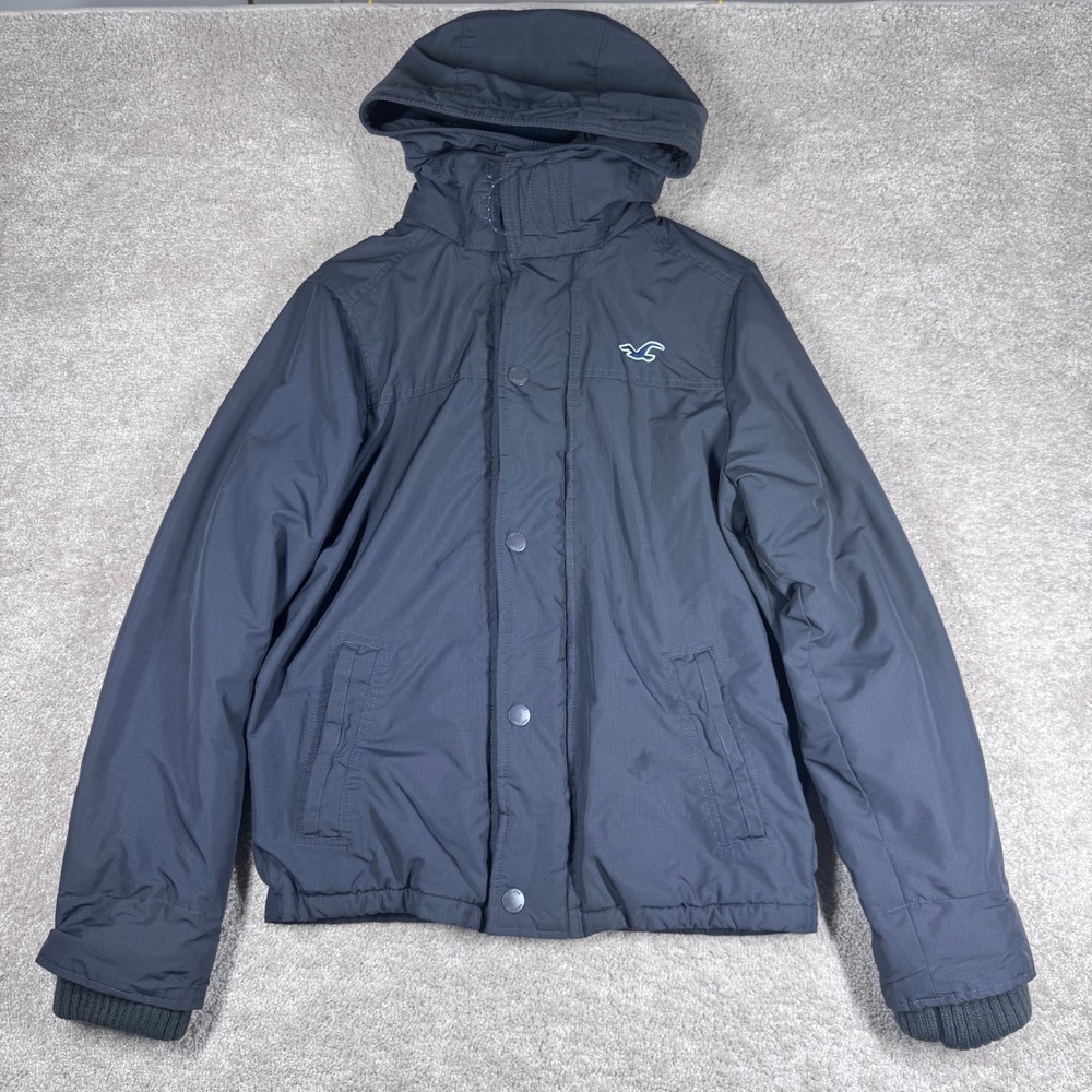 Hollister Mens All-Weather Jacket Navy Blue Hooded Fleece Lined Ripstop‎ Small